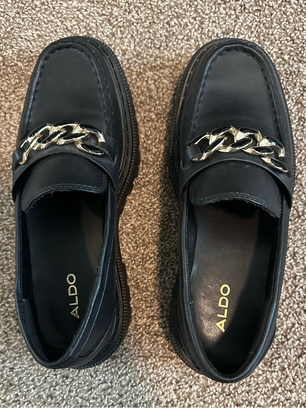 ALDO Brixtonn Black Platform Lug Loafers Gold Chain 6.5